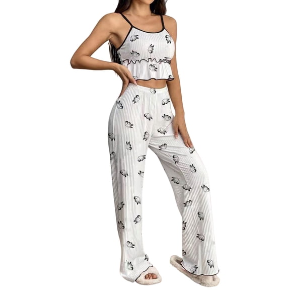 2 Piece Pajamas Set for Women BWASD Ribbed Ruffled Camisole Top and Long Soft Loungewear Outfits Nightwear Comfy Sleepwear Sping Summer Home Suit 2026 S-XXXL Black