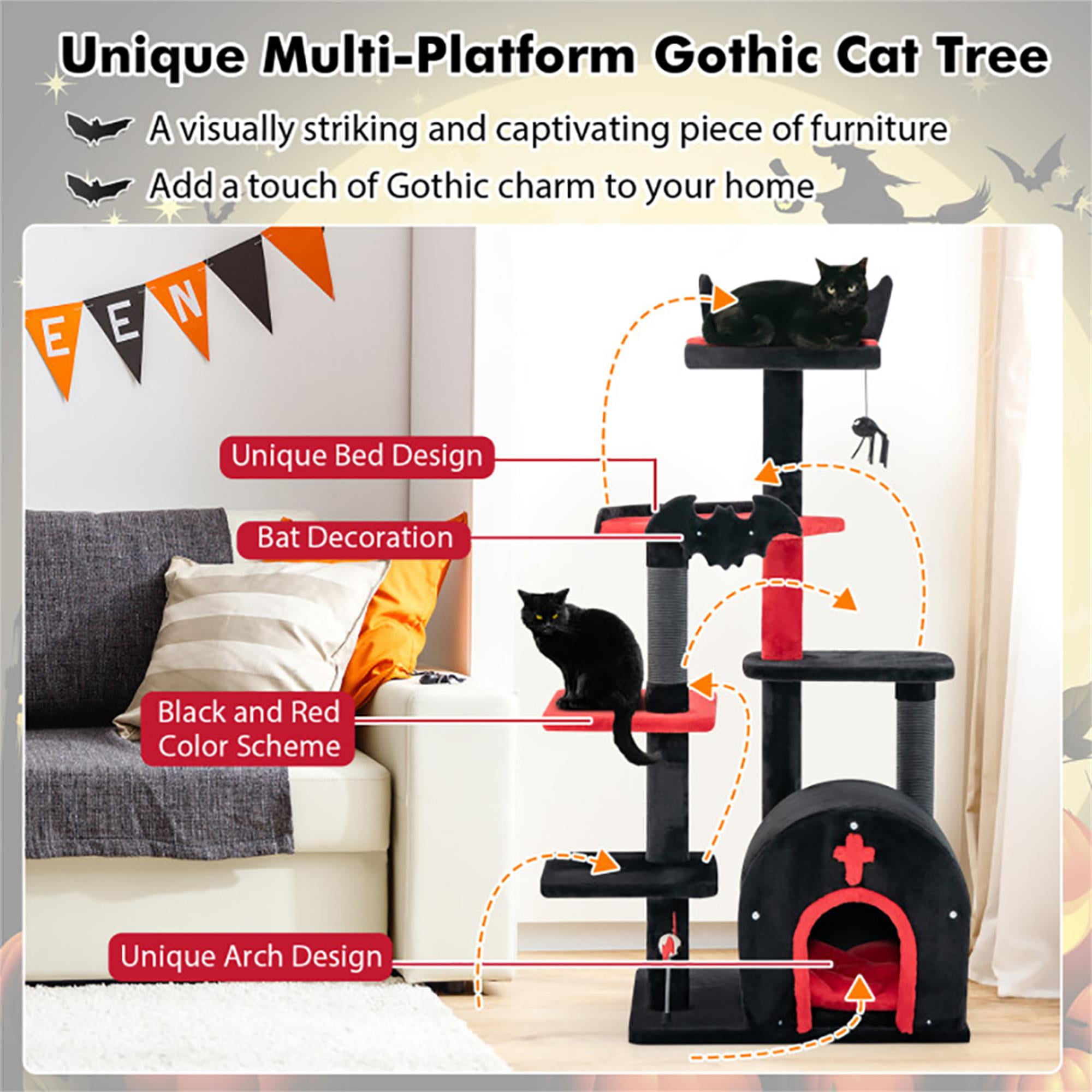 Pefilos 52" Gothic Cat Tree Tower Furniture with Scratching Post, Climbing Ladder, Cat Condo for Kittens Cat Tree House, Black Pefilos 52" Gothic Cat Tree Tower Furniture with Scratching Post, Climbing Ladder, Cat Condo for Kittens Cat Tree House, Black