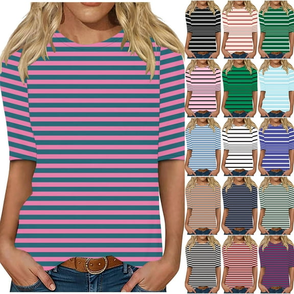 Half Sleeve Tops for Women Striped Color Block Printed Dressy Casual Crew Neck Basic Tees Shirt Loose Oversized Soft Cotton Tunic Blouse
