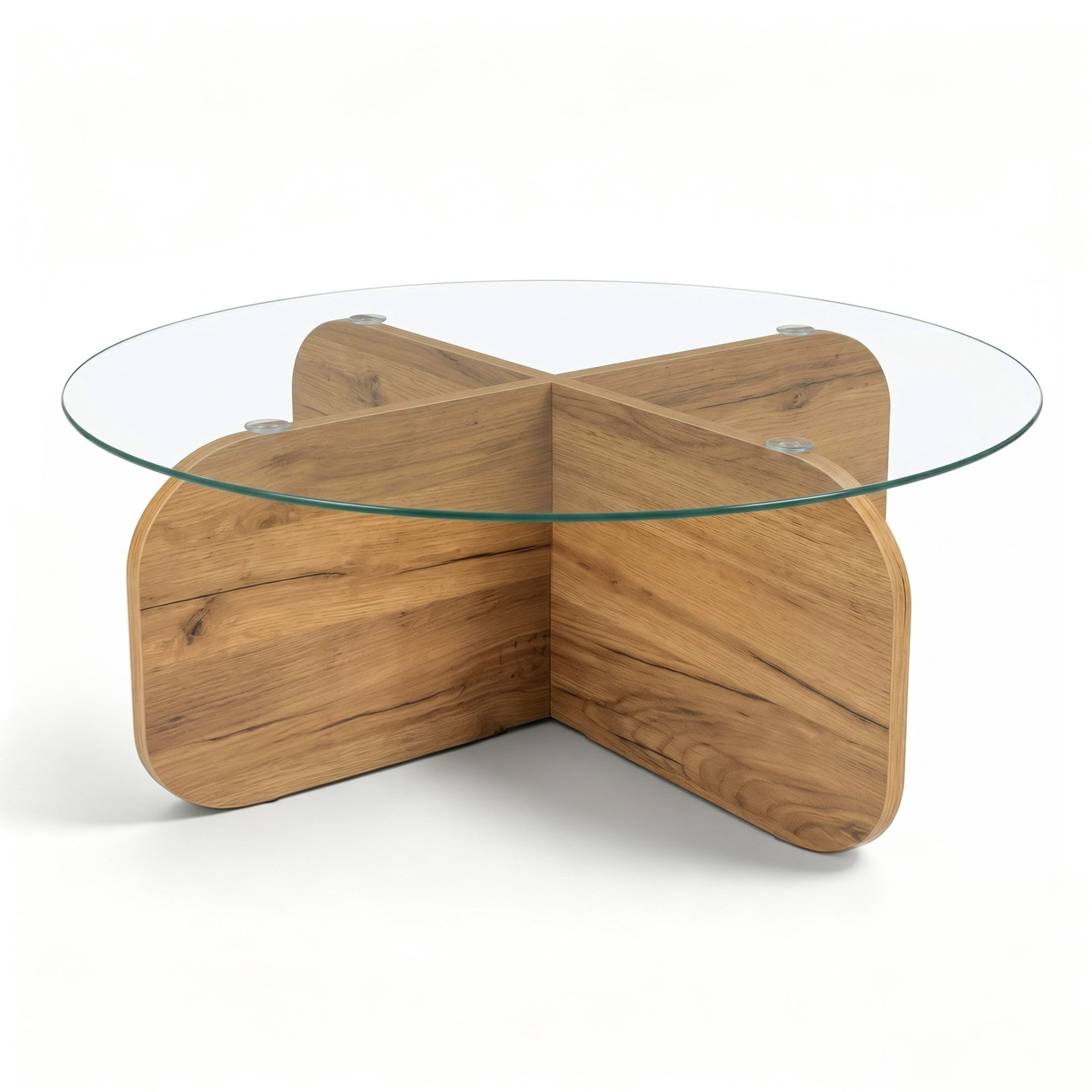 Christopher Knight Home 29.5" Round Coffee Table with Modern Cross Base, Tempered Glass Top, Honey Oak