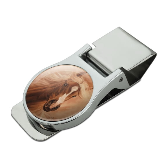 Horse Portrait Peach Satin Chrome Plated Metal Money Clip