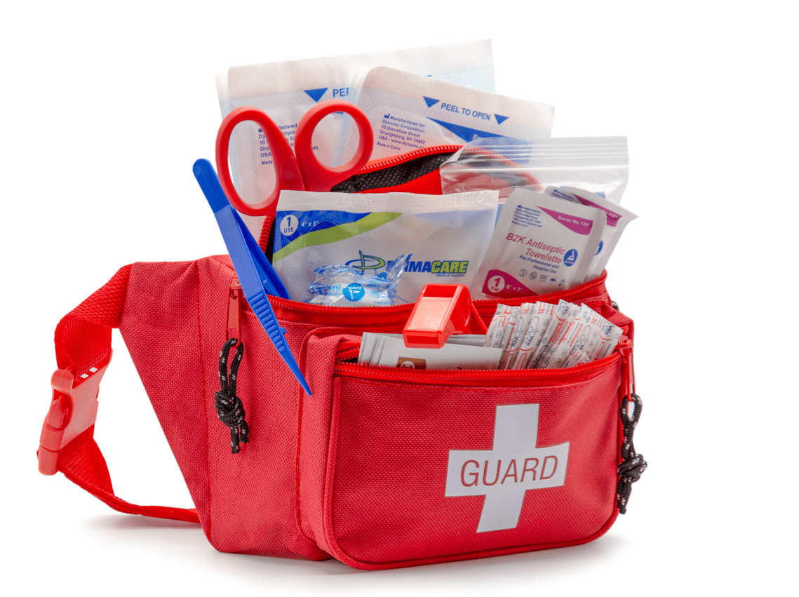 Primacare KB-8005WM First Aid Fanny Pack Stocked with 75 Pieces Emergency Medical Supplies, Lifeguard Waist Travel Bag with 3 Pockets, Red, 8x2x6 inches
