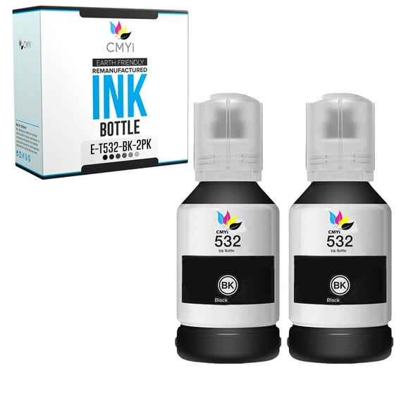 CMYi Inkjet Printer Ink Bottles Replacement Compatible for Epson 532 EcoTank and WorkForce Series, 2 Black