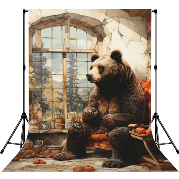 5x7ft Photography Backdrop Photo Studio Background with 4-inch Rod Pocket, Soft Screen, Rustic Lodge Cabin Bear Southwestern Vintage