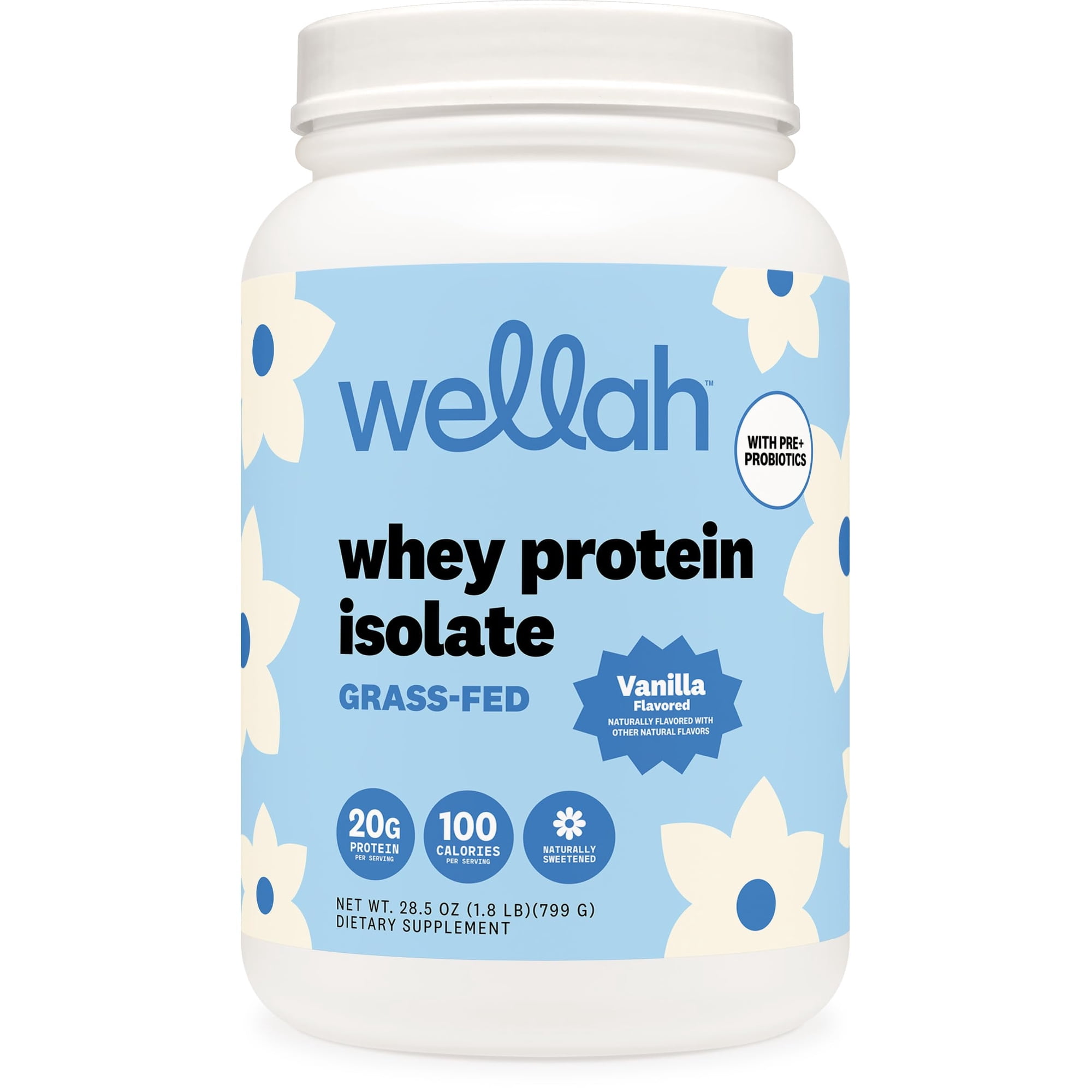 Wellah Grass-Fed Whey Protein Isolate Powder (Vanilla) 30 Servings - With Prebiotics, Enzymes & Probiotics, 20g of Protein, 100 Calories, Naturally Sweetened