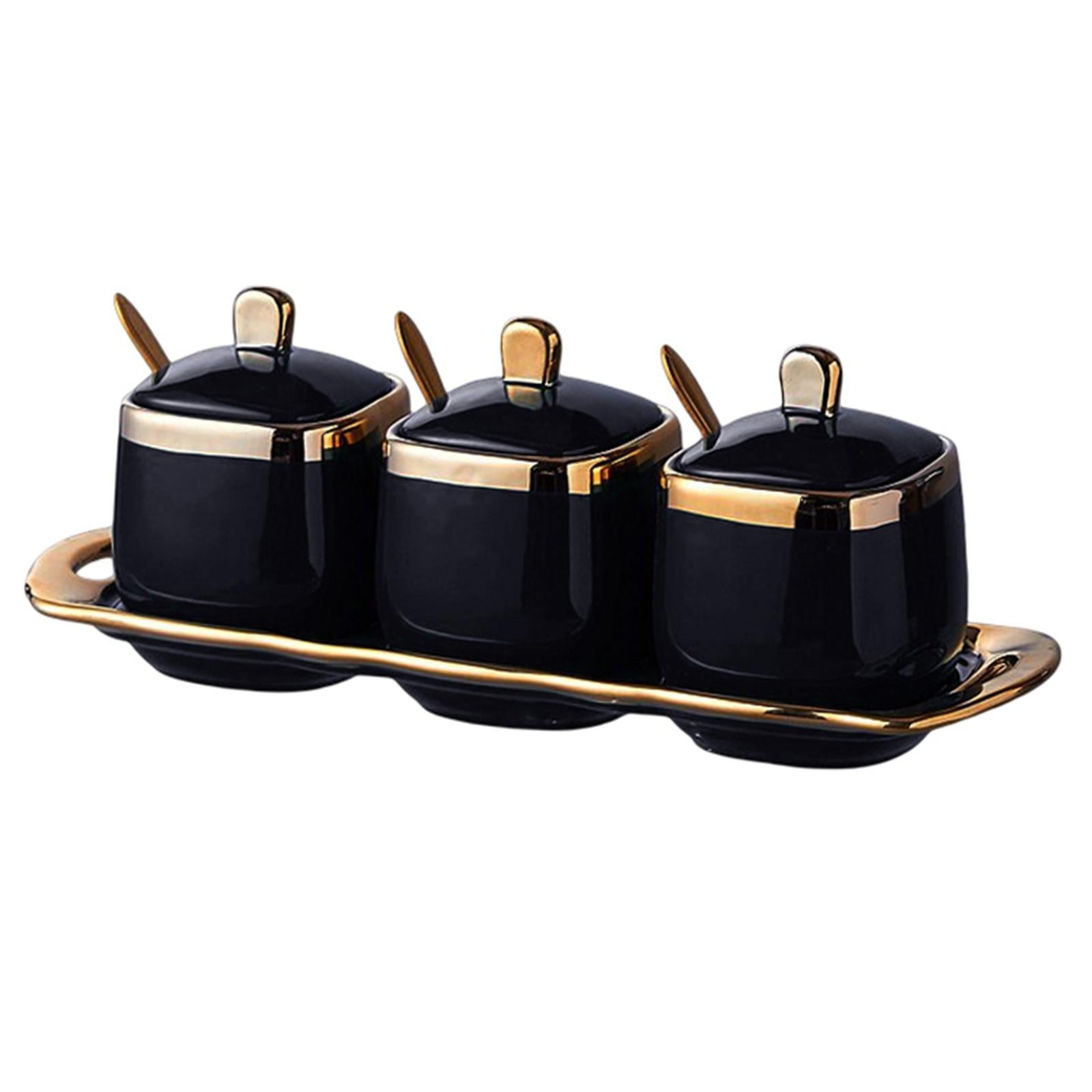 simhoa 3 Pieces Porcelain Sugar Bowl Condiment Pot for Serving Housewarming Gift Black