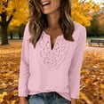 thumbnail image 2 of Lenpel Women's T Shirts Fashion Long Sleeve V Neck Floral Lace Front Solid Color Loose Tunic Tops Soft Casual Tee Blouses(Pink,Large), 2 of 7
