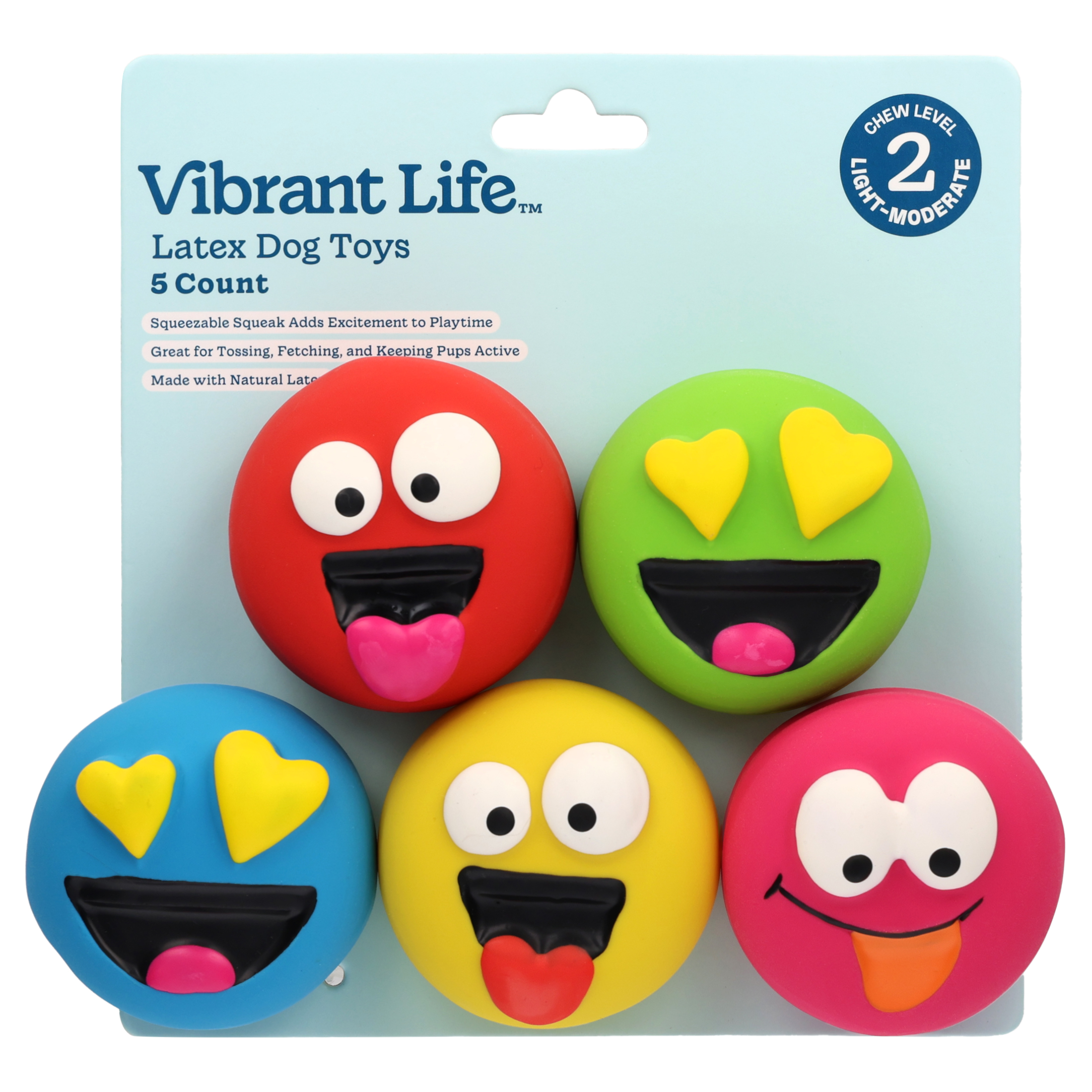 Vibrant Life Multicolor Emoticon Latex Dog Toys with Squeakers, Chew Level 2, 5 Count