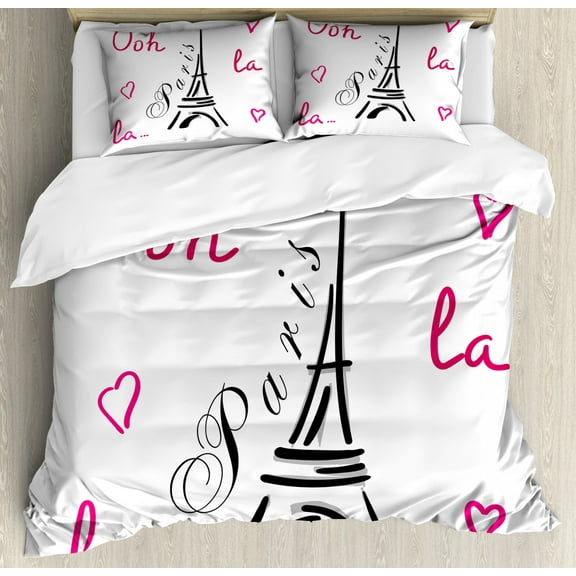 Ooh La La Duvet Cover Set King Size, Eiffel Tower Doodle with Heart Motifs and Lettering Paris French Theme, Decorative 3 Piece Bedding Set with 2 Pillow Shams, Magenta Charcoal Grey, by Ambesonne