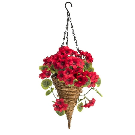 Raspberry Swirl Basket - OakRidge Fully Assembled Geranium Cone Basket, Red – Artificial Polyester/Plastic Florals for Indoor and Outdoor Use – 20” Long