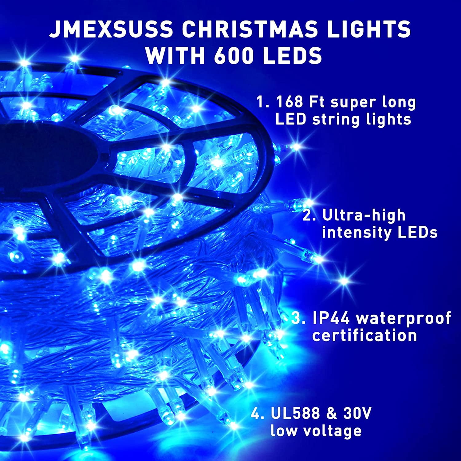 JMEXSUSS 600 LED Blue String Lights Outdoor Waterproof 8 Modes Blue Christmas Tree Lights Plug in Blue Christmas Lights for Bedroom, Fireplace, Halloween, Party, Christmas Decorations