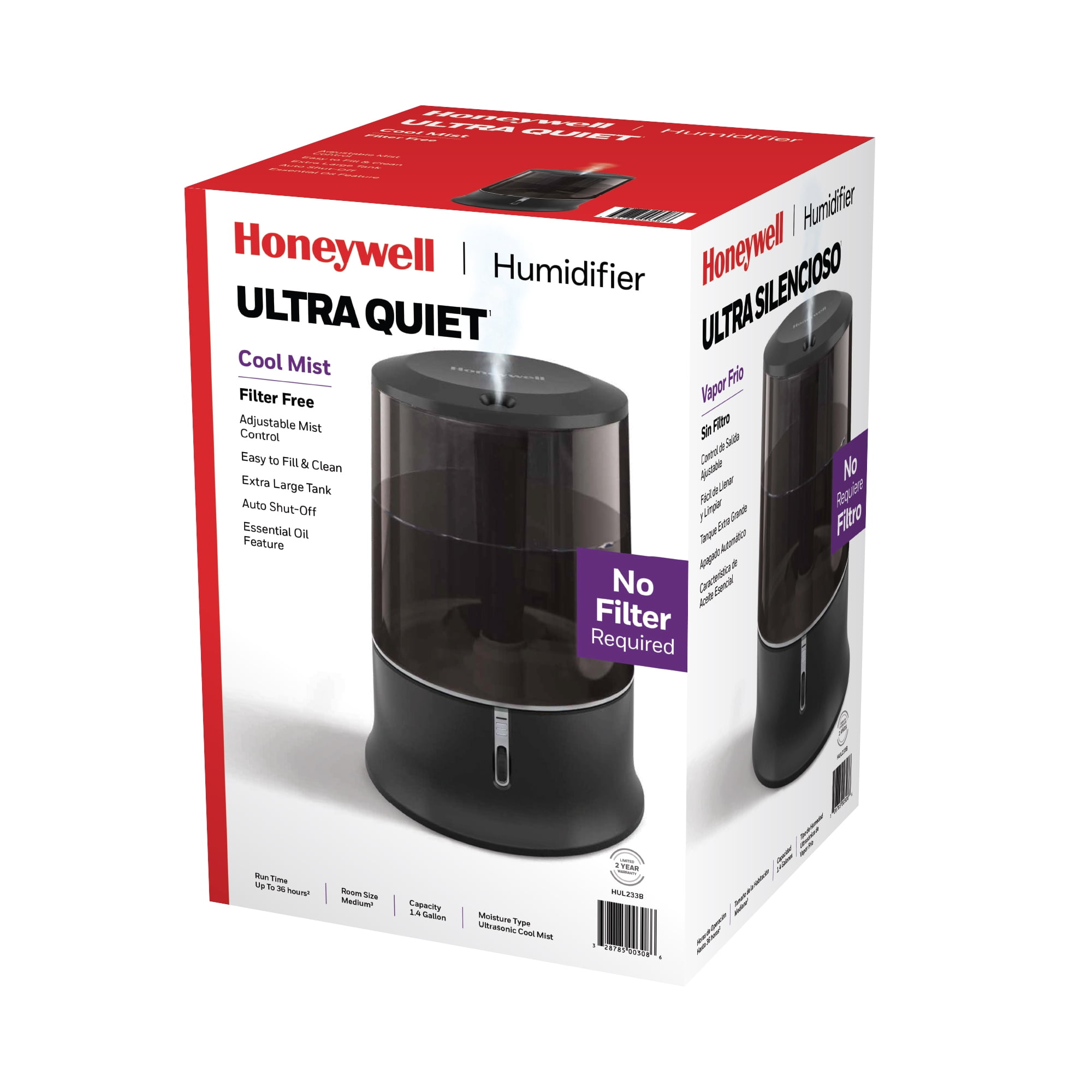 Honeywell Ultra Quiet Cool Mist Humidifier, 400 Sq Ft Coverage, Black, Model HUL233B