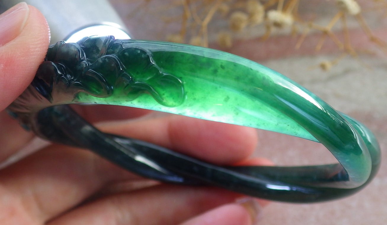 Icy Green Natural A JADE Jadeite Flower Knotted Bangle Bracelet 61 mm 683959 TN