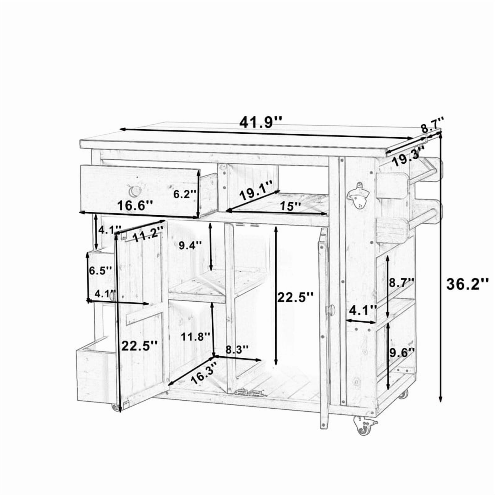 Outdoor Solid Wood Kitchen Island, Extendable Stainless Steel Top Grill Table with Drop Leaf, Storage Kitchen Cart