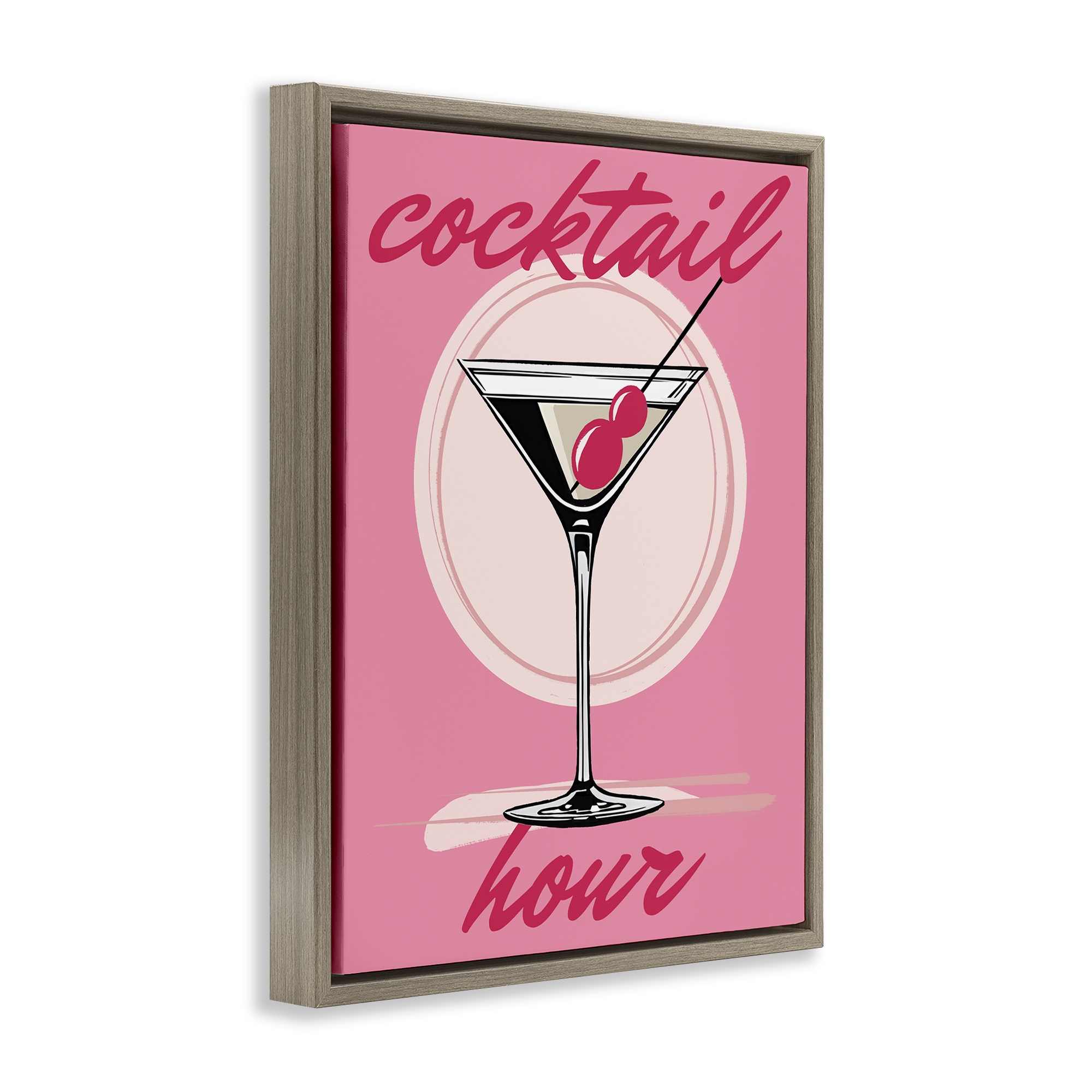 Stupell Industries Cocktail Hour on Pink Food & Beverage Painting Brown Floater Framed Canvas Art Print Wall Art, 17 x 21