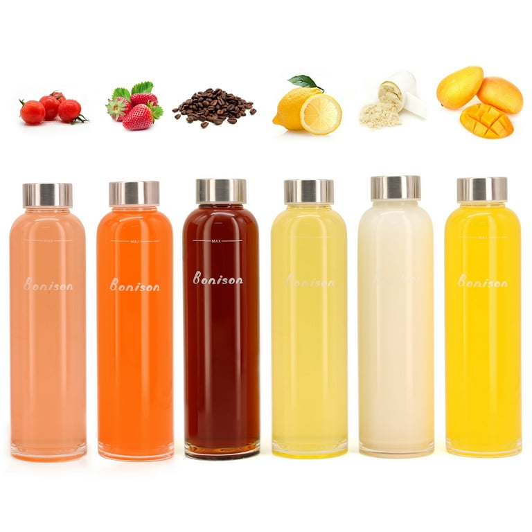 Set of 6 Newest 18.5 Oz Borosilicate Glass Water Bottle with Colorful Nylon  Sleeve, Extra Thick Base, BPA Free, Crystal Clear, Trendy Design. 