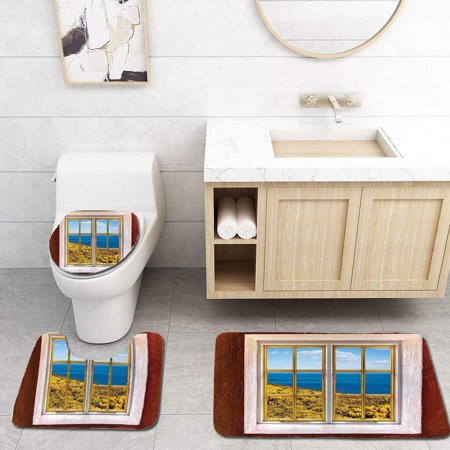 GOHAO House Tropical Beach Scenery from Hotel Room Vacation Journey Relax and Go Home 3 Piece Bathroom Rugs Set Bath Rug Contour Mat and Toilet Lid Cover