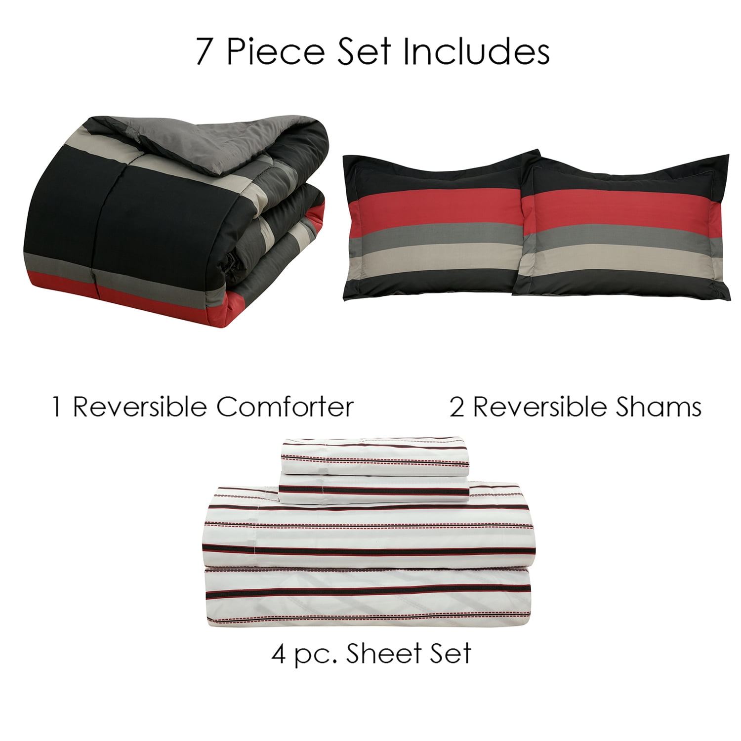 Full Comforter Set, Rugby Stripe Red Reversible Bed in a Bag