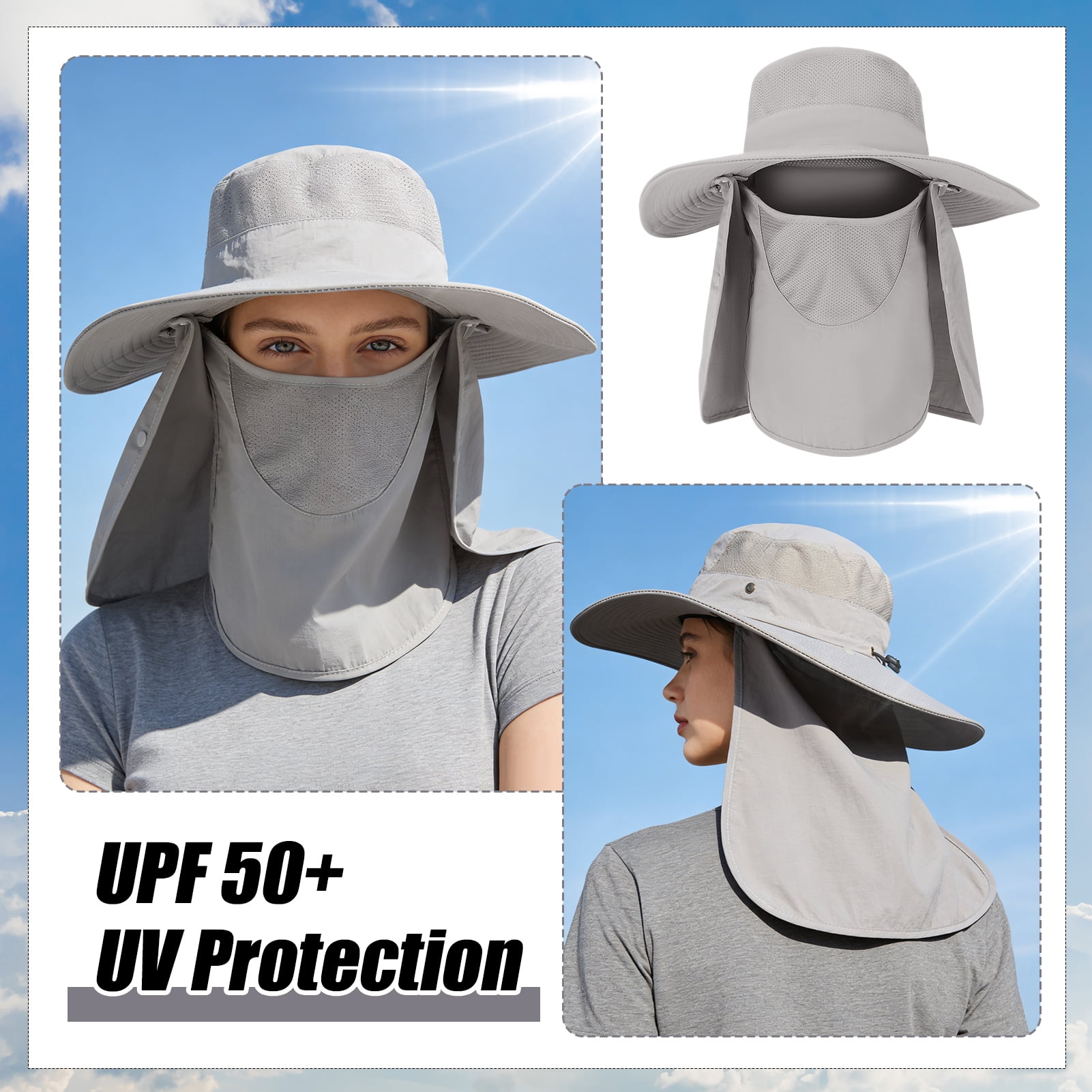Bocaoying 4 Pack Summer Sun Hat for Men and Women, UPF 50+ Outdoor Fishing Hat with Detachable Face Mask & Neck Cover, Breathable Windproof Wide Brim Bucket Hat for Hiking Cycling Camping