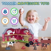 QIAHO Farm Animal Toys Take Along Barn Playset for Toddlers Montessori Toys with 10 Animals Figurines & DIY Stickers