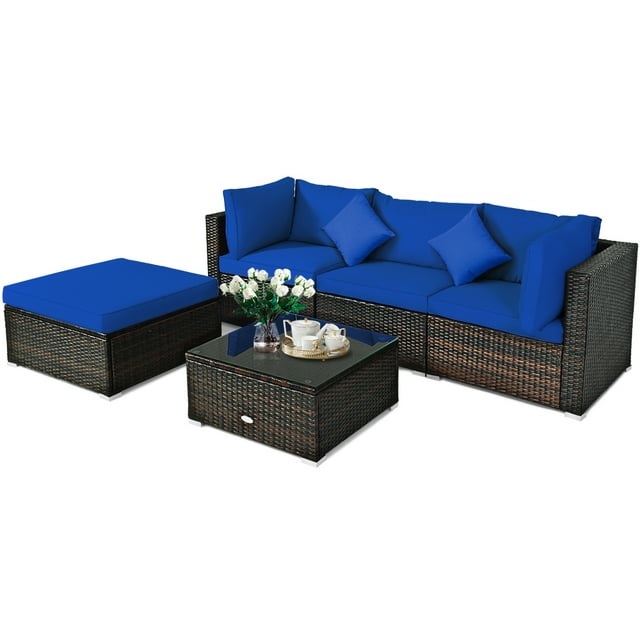 Patiojoy 5-Piece Outdoor Patio Sectional Rattan Sofa Set with Soft Back and Seat Cushion Navy