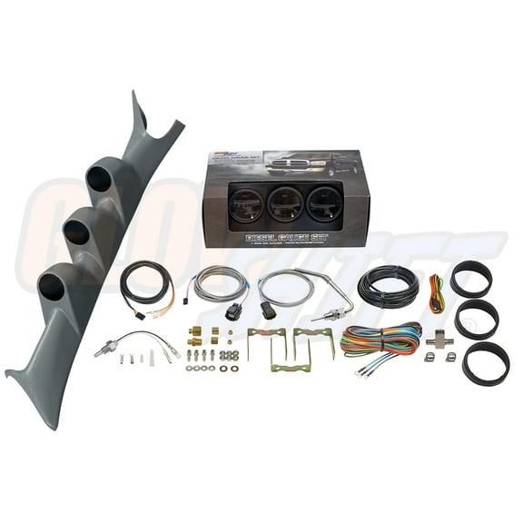 GlowShift | 1999-2007 Ford Super Duty 6.0 Powerstroke & 7.3 Powerstroke Gray Triple Pillar Pod with Tinted 7 Color Series 60 PSI Boost Gauge, 2400 Pyrometer EGT Gauge & Trans Temp Gauge