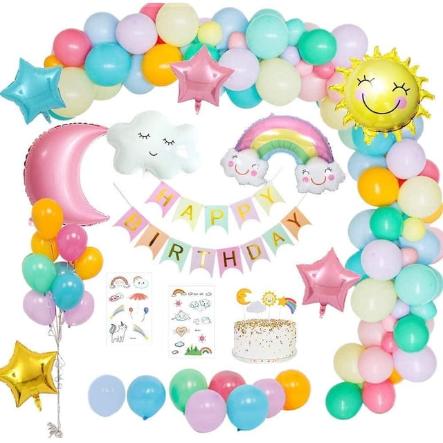 Kit de arco de globos en colores pastel, 53 piezas de globos de nubes arcoíris, decoraciones de fiesta de cumpleaños, tema de cielo con globos de nubes de sol y luna y pancarta de feliz cumpleaños