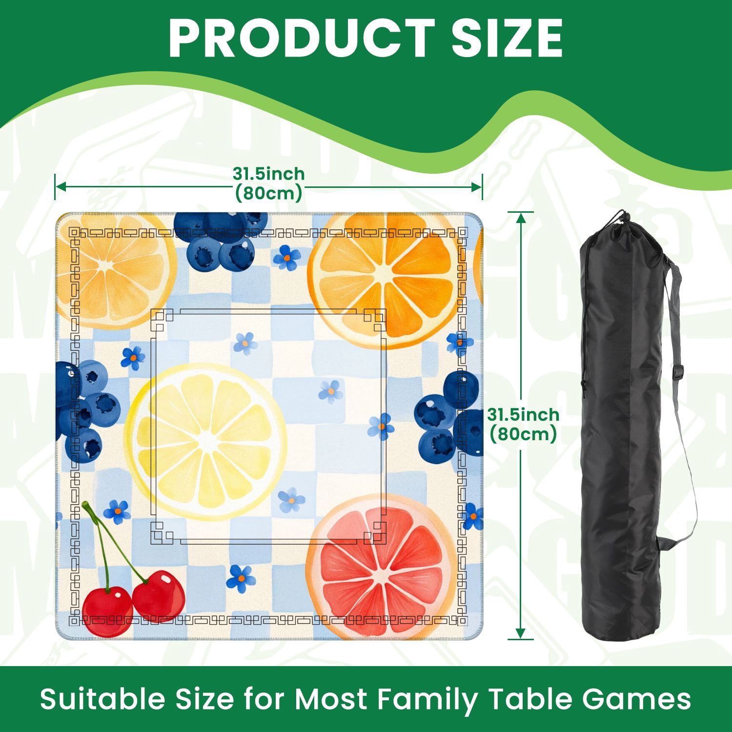 Mahjong Mat 31.5" x 31.5" Colorful Fruit Checkered Citrus Berries Non-Slip Noise Reduction American Mahjong Tiles Table Cover for Dominoes Poker Card Board Games Gift