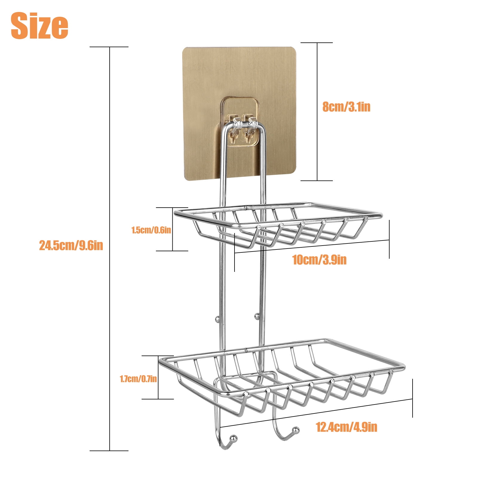 Wall-Mounted Caddy with 4 Hooks, TSV Stainless Steel Soap Dish Tray for  Shower, Bathroom, and Kitchen, Self-Draining, Adhesive, and Removable