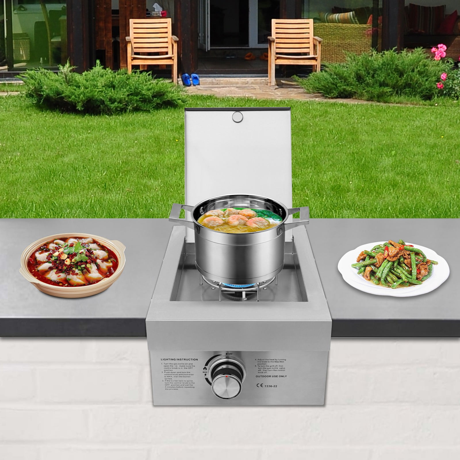304 Stainless Steel Gas Stove, Grilling Side Burners Propane Single Burner with Cover, 3.5kW High Power Built-in Cooktop for Outdoor Kitchen & BBQ