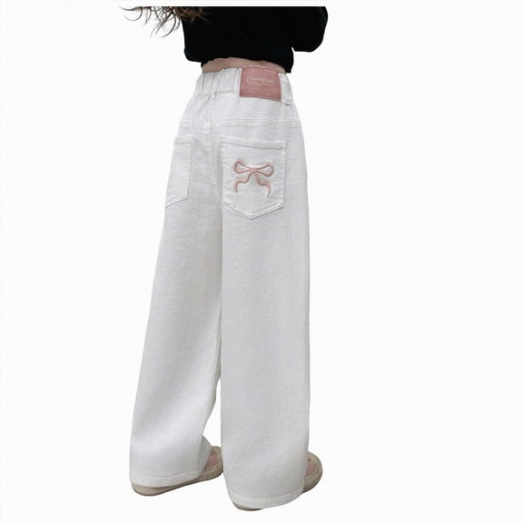 TOWED22 Girl’s Elastic Waist Jeans Straight Leg Demin Pants Casual Stretch Long Pants with Pockets White,7-8 Y