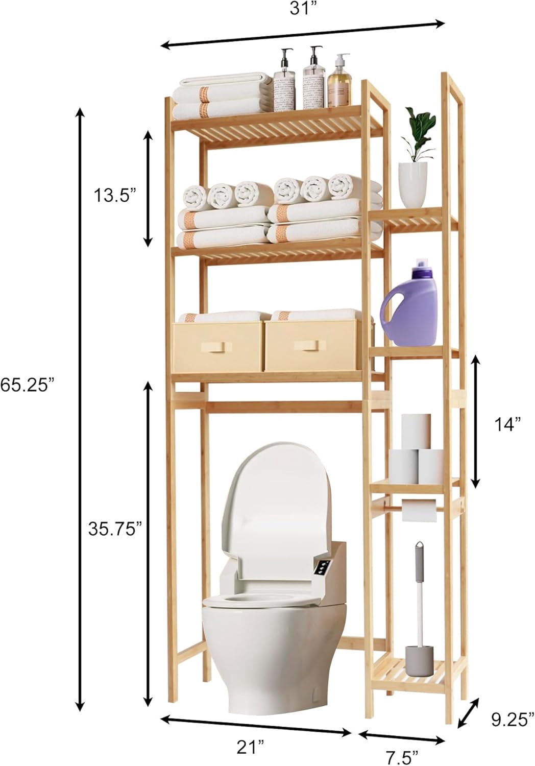 Proman Products Santa Fe Over The Top Bamboo Toilet Storage Customizable Shelf Rack with Toilet Paper Holder.