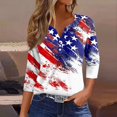thumbnail image 2 of Women's Loose Fit Round Neck 3/4 Sleeve T-Shirt, Independence Day Graphic Print Casual Top for Casual Fridays, Eco-Friendly Dye Process,Blue 2XL, 2 of 5