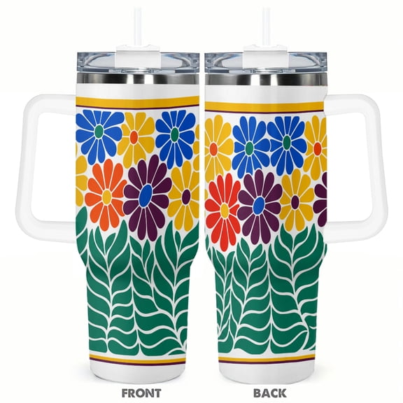 40oz Retro Colorful Daisy Travel Tumbler with Handle and Straw Lid Floral Insulated Car Coffee Cup Gift for Women