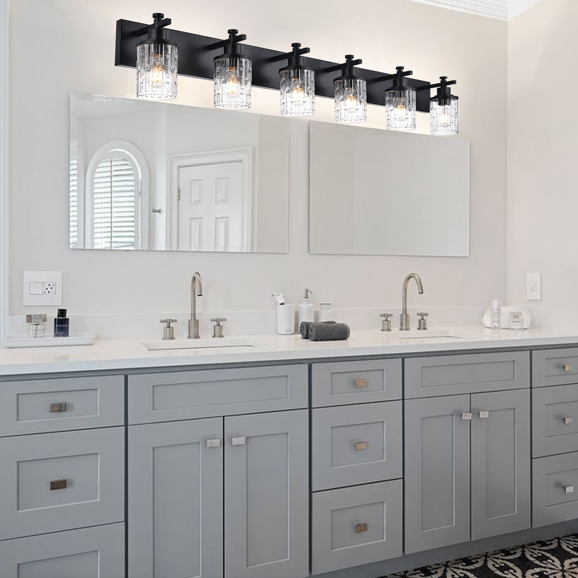 MELUCEE 6-Light Vanity Lighting Fixtures in Matte Black Finish with Clear Grid Glass Shade