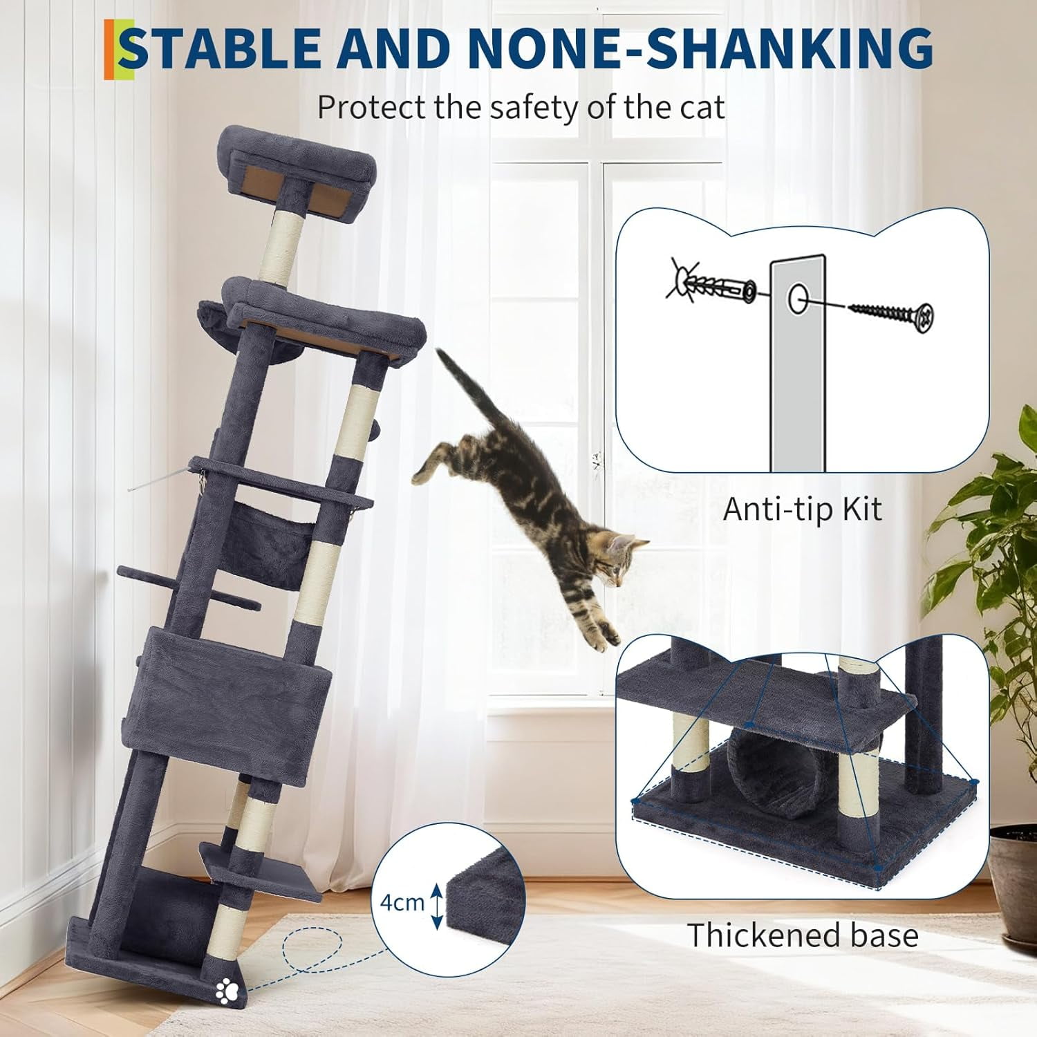 Acekid 74Inch Large Cat Tree for Big Cats,Multi-Level Tower with Scratching Posts, Condo, Perches, Hammock, Tunnel & Feeding Station,Dark Gray