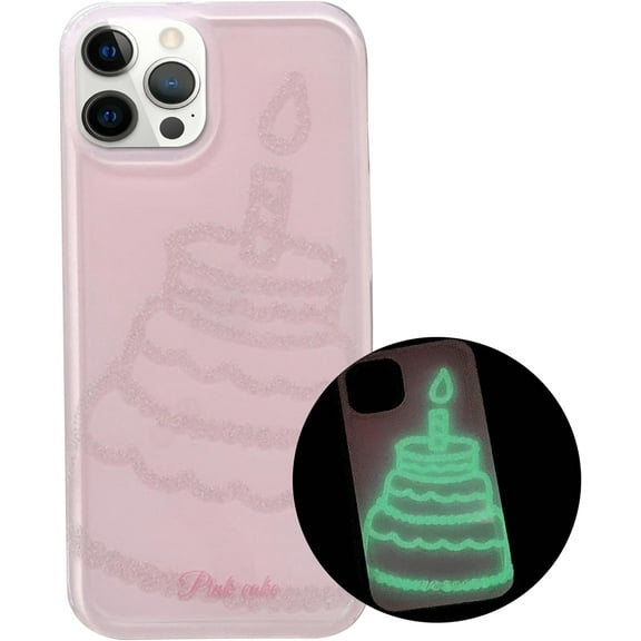 Compatible with iPhone 14 Pro Max Glow in The Dark Case Cake Pattern Cute Pink Bling Sparkling Clear Lightweight Unique Shockproof Protection Cover for Women Girls