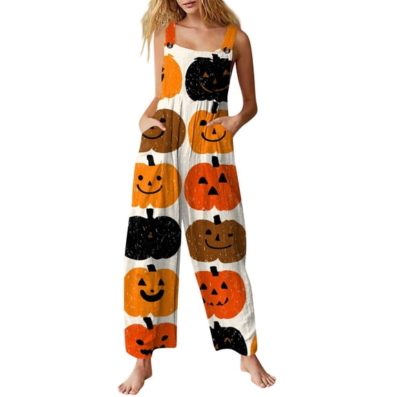 EANJE Halloween Overalls for Women, Sleeveless Spaghetti Strap Jumpsuit with Pockets, Print Wide Leg Baggy Romper, Adjustable Straps Fall Holiday Party Outfit Ginger 4XL