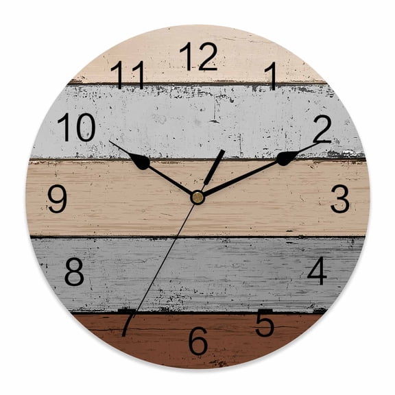 Wall Clock Brown Wood Grain Clocks PVC Silent Non-Ticking Battery Operated Decorative Rustic Wooden Stripe Round Clock for Home Living Room Kitchen Bedroom Office School Wall Decor 10 Inch