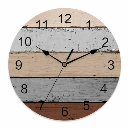 Wall Clock Brown Wood Grain Clocks PVC Silent Non Ticking Battery Operated Decorative Rustic Wooden