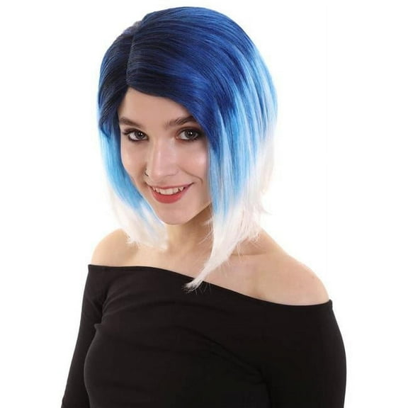 HPO Adult Women Shoulder Length Ombre Halloween Costumes Wig, Blue & White Color