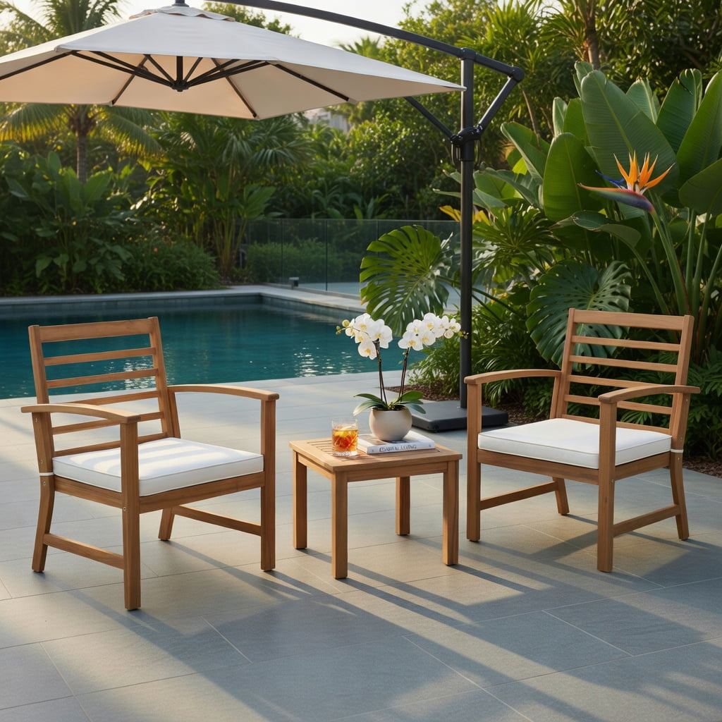 Hommoo 3-Piece Acacia Wood Outdoor Patio Furniture Set with Cushions, Durable Backyard Chair Set with Ergonomic Design and High-Density Foam Seating, White