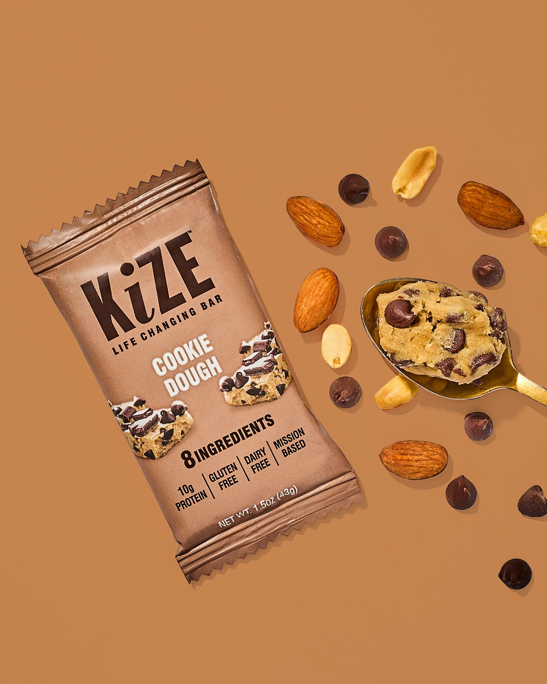 KiZE Life Changing Bar, Cookie Dough, Protein Bar, 8 ingredients, Dairy Free, 1.5oz Bar (10pk)