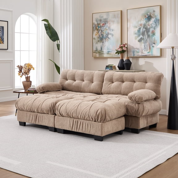 U Shaped Sectional Couches for Living Room, Modular Sectional Sofa Cloud Couch with Ottoman, Deep Seat Loveseat Comfy Advanced Flannelette Oversized Sofa, Modern Couch with Armrests 4 Pillows (Brown)