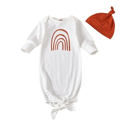 

jaweiw Newborn Baby Girl Boy Rainbow Print Knotted Sleep Gown Nightgowns Sleepwear Romper Sleeping Bag Pajamas+Hat Set