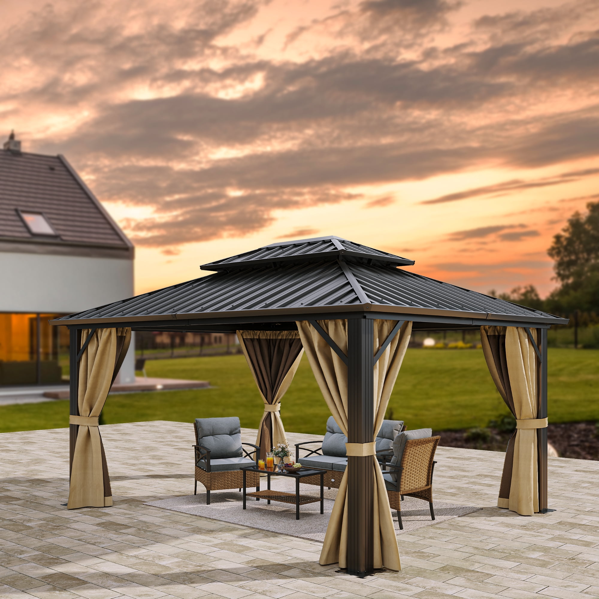 Uforic 10x12ft Hardtop Gazebo,Double Roof Galvanized Iron Aluminum Frame Gazebo W/ Netting and Brown Curtains