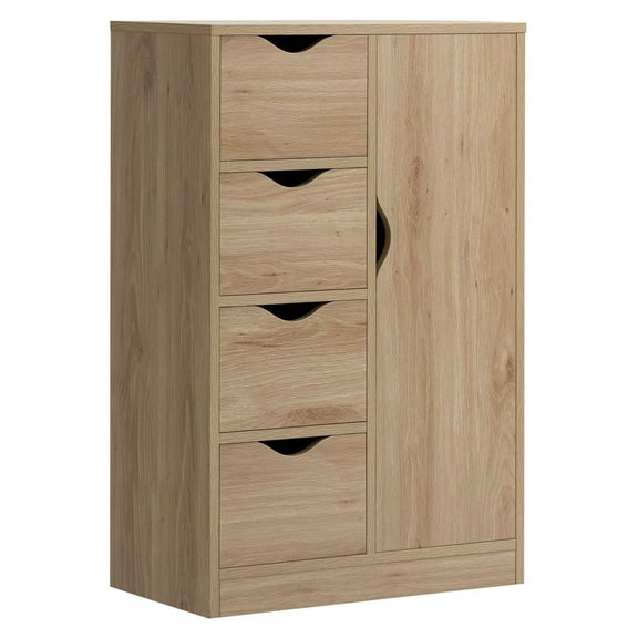 HOMCOM Oak Freestanding Storage Cabinet, Engineered Wood Floor Cabinet with 4 Drawers and Door, Compact Organizer for Bathroom, Living Room, Entryway, 21.25"W x 11.5"D x 32.75"H