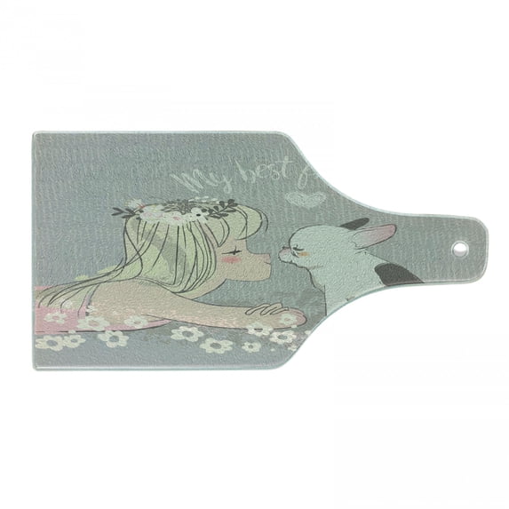 Dog Lover Cutting Board, Girl and Little Puppy Doodle with My Best Friend Calligraphy, Decorative Tempered Glass Cutting and Serving Board, in 3 Sizes, by Ambesonne