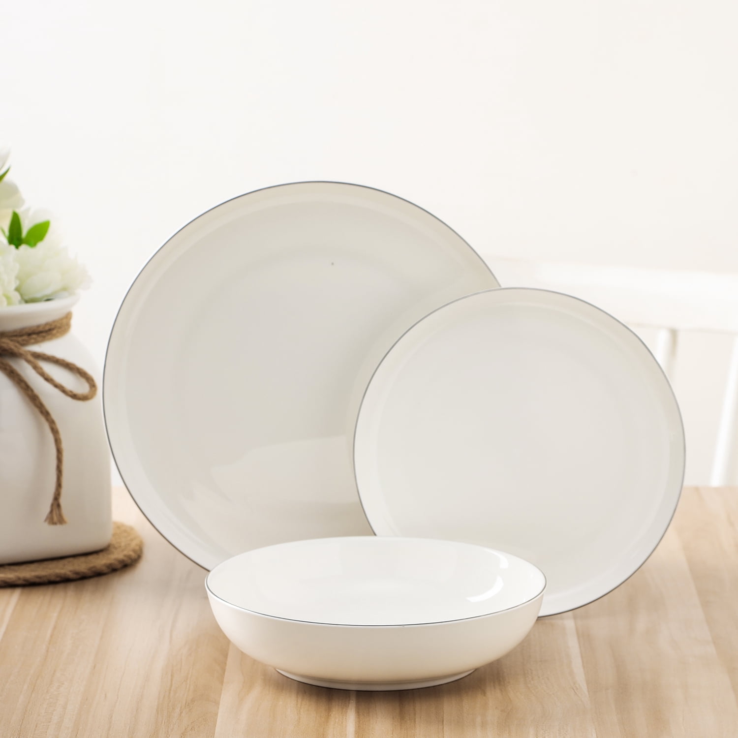Stone Lain Gabrielle Formal Bone China Dinnerware Set for 4, White and Platinum