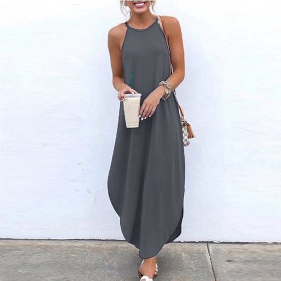 Pisexur Womens Summer Dress Loose Plain Cotton and Linen Shirt Dress Sleeveless Halter Layered Ruffles Casual Boho Flowy Maxi Dress